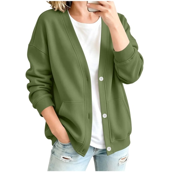 Resicozy Womens V-Neck Button Down Cardigan Sweatshirt Oversized Long Sleeve Open Front Loose Fit Jacket with Pockets Army Green M