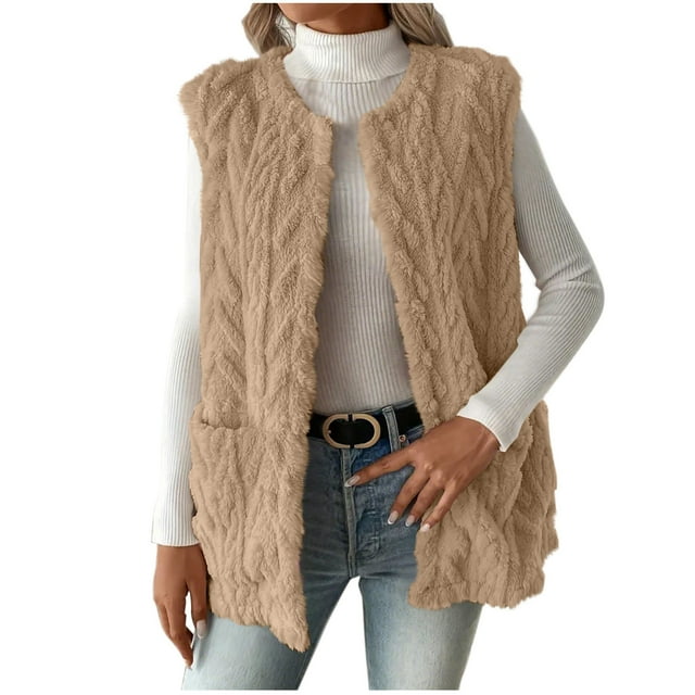 HAiming Gilet en Molleton d'Hiver pour Femmes, Col Ras du Cou, Sans Manches, Ouvert à l'Avant, Cardigan, Veste Duveteuse et Chaude avec Poche