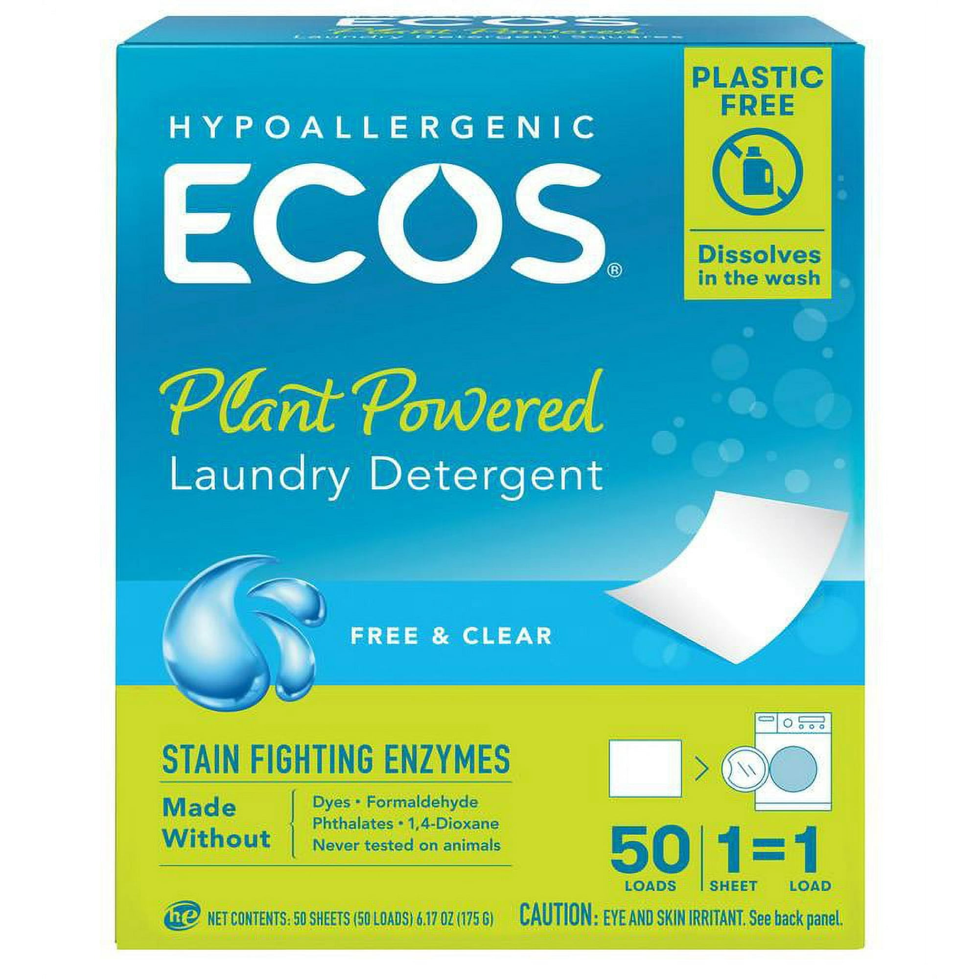 ECOS Laundry Detergent Sheets, Hypoallergenic, 50ct, Free & Clear, Pack of 2