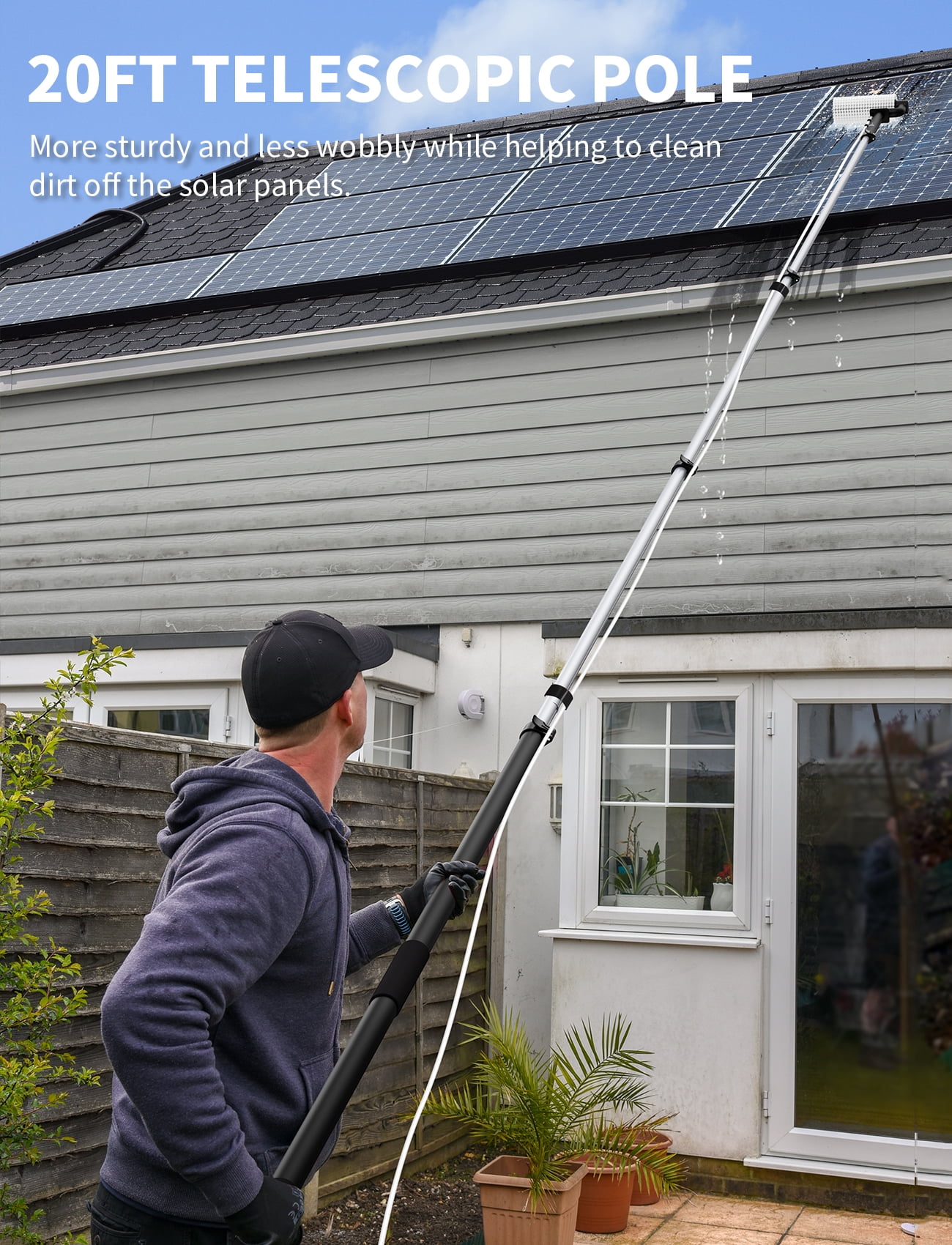 Victsing Electric Solar Panel Cleaning Kit, 20FT Solar Panel Cleaning Brush & Pole with Soap Dispenser, Telescopic Water Fed Pole, Multipurpose Cleaner for Window, Roof, RV & Outdoor Surfaces