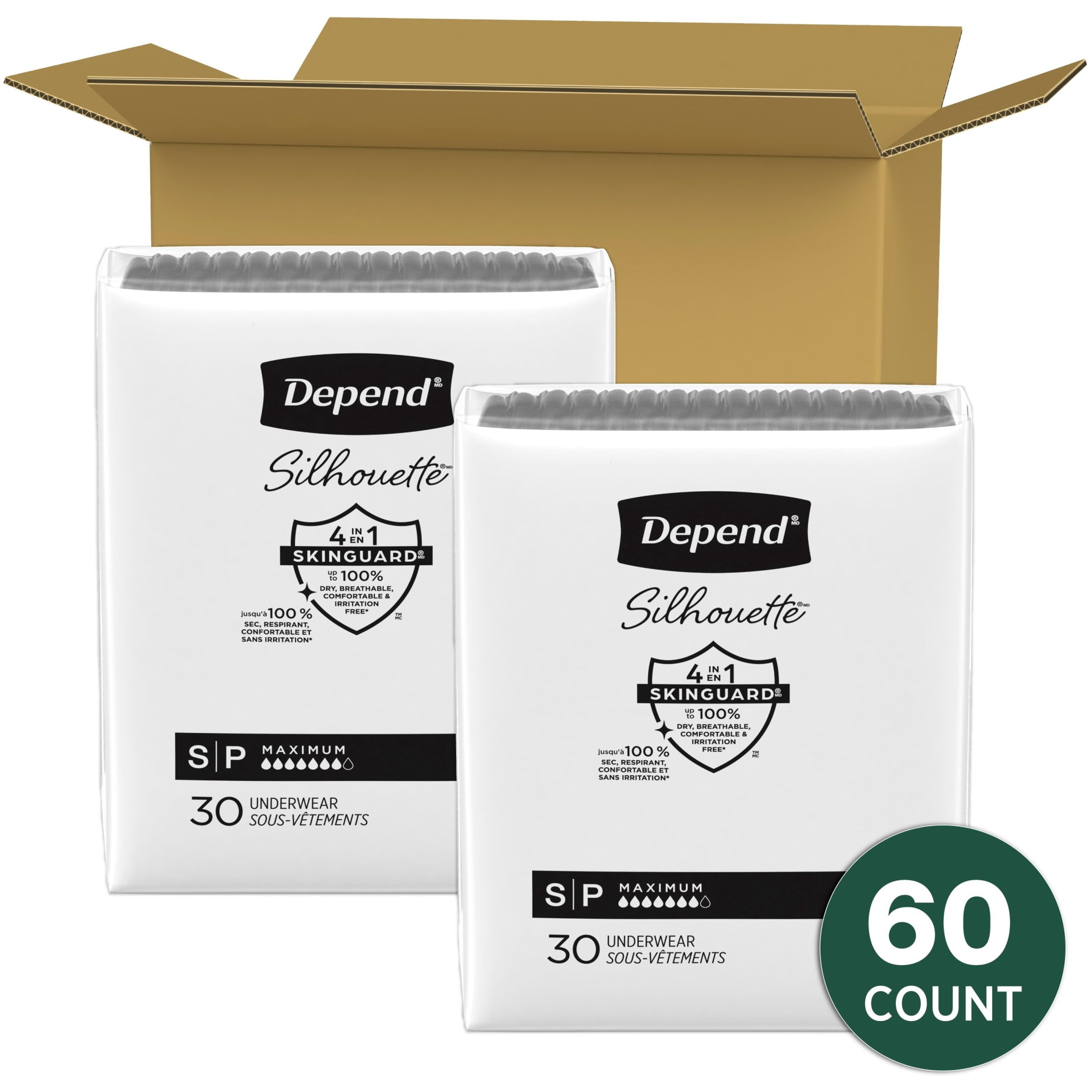 (2 pack) Depend Silhouette Women’s Incontinence & Postpartum Bladder Leak Underwear, S, 60 Count