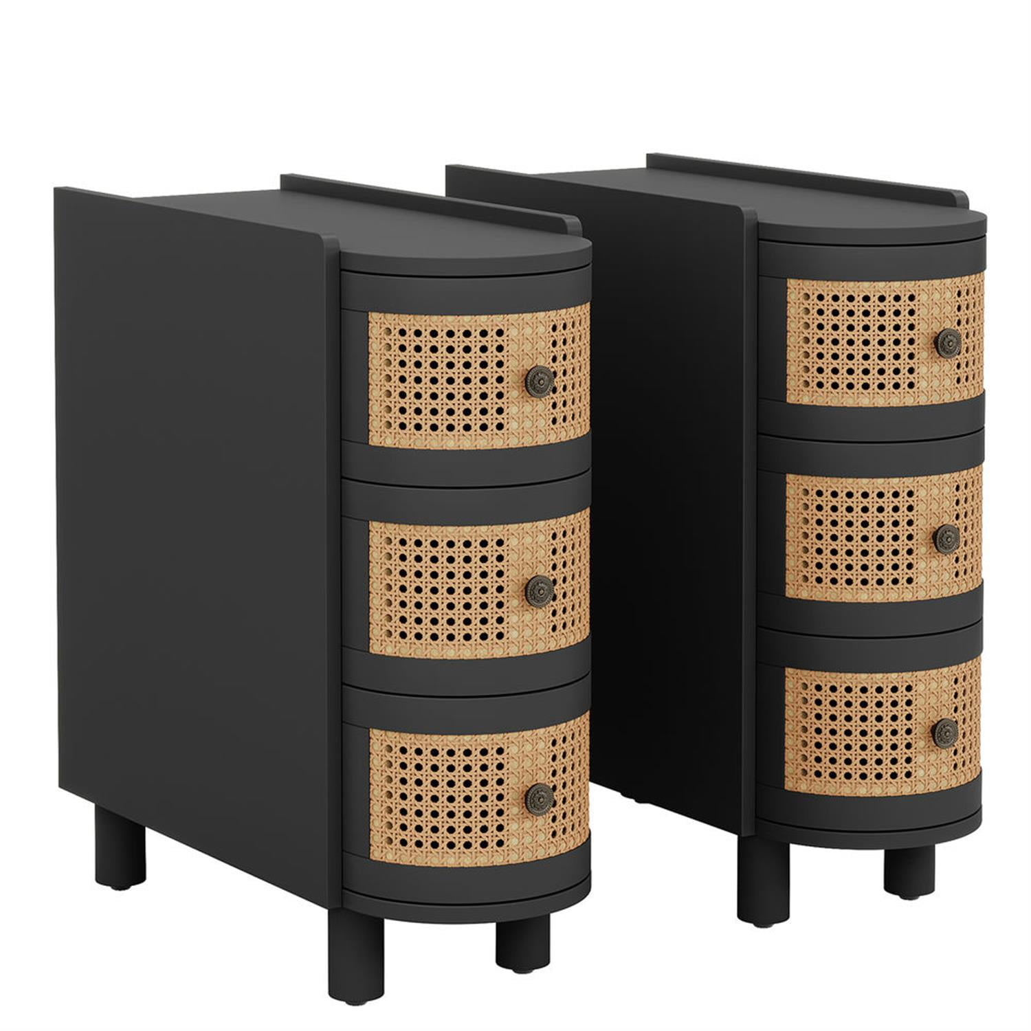 Demi Bonn 26" Wood Nightstand with 3-Drawers, Bedside End Table for Bedroom, Modern Rattan Side Table with Storage, Black