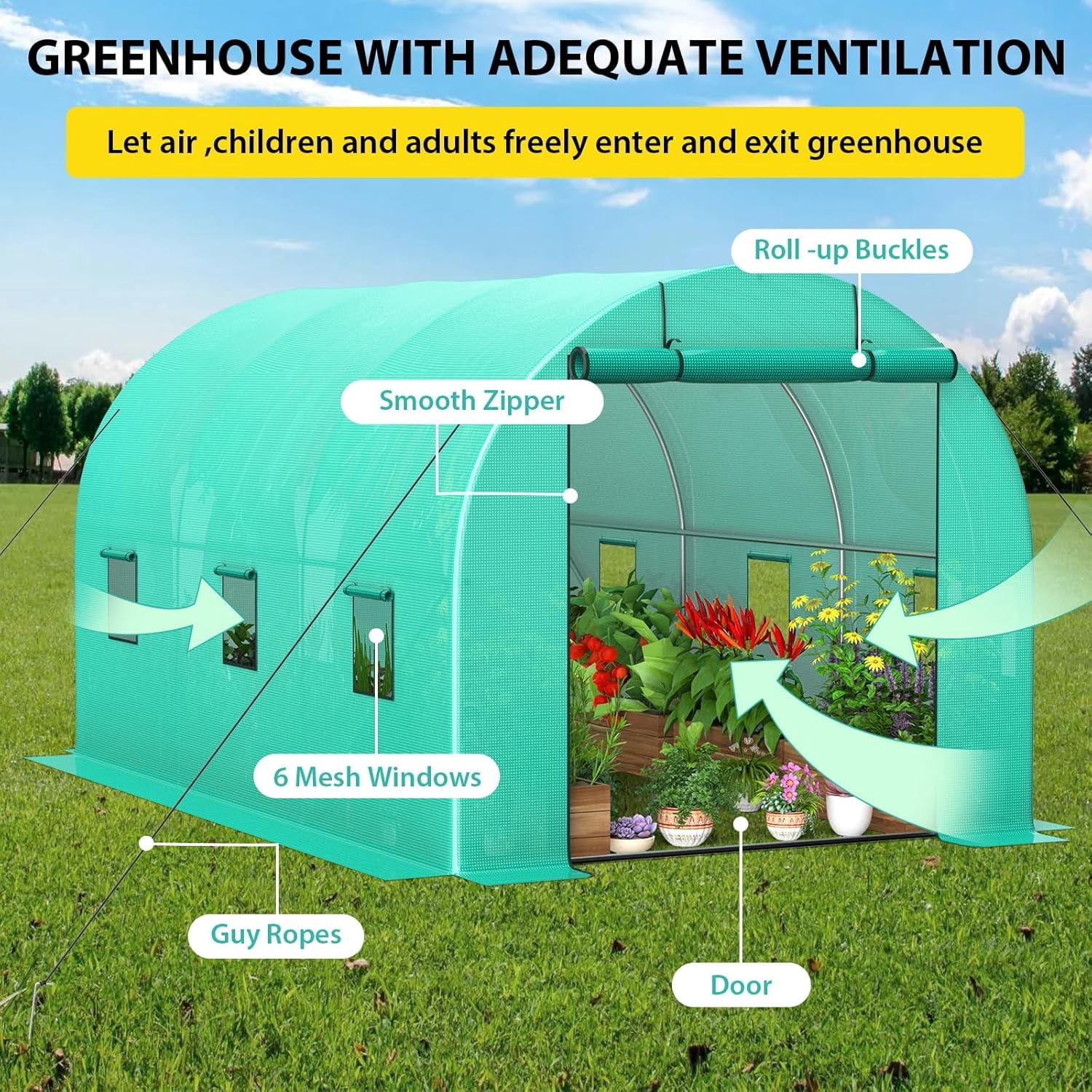 Acekid 8x13x7FT Walk-in Greenhouse, Portable Tunnel Tent with 19x0.6 Galvanized Pipes, Full-Opening Zipper Door & 6 Screen Windows, Outdoor Greenhouse