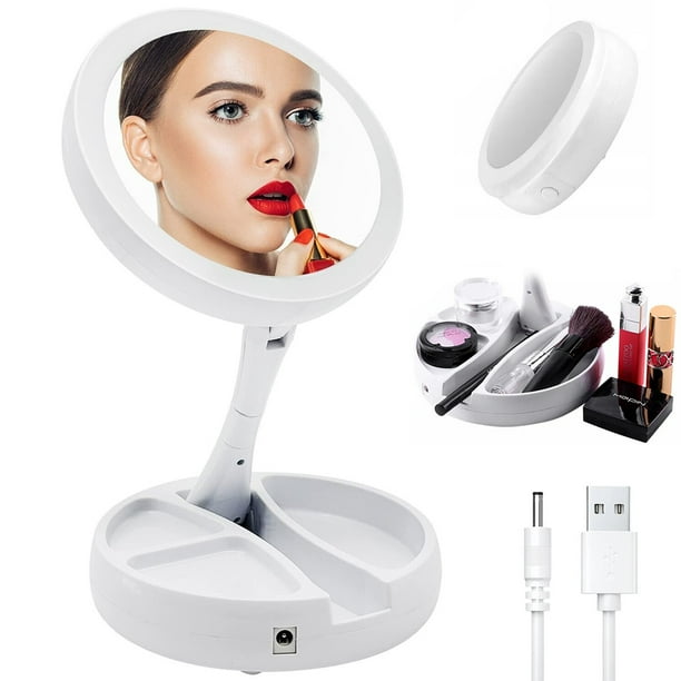 Lighted Makeup Mirror, Folding Makeup Mirror, 10X Magnification Double Sided Vanity Mirror, LED