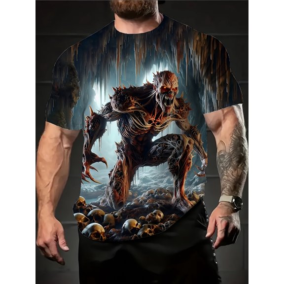 Men'S T-Shirt Featuring a Complete Zombie And Skull Design, Short-Sleeved Round Neck Casual Streetwear for Summer, Ideal for Gaming And The Dark Aesthetic of Gothic Fashion, Plus Size