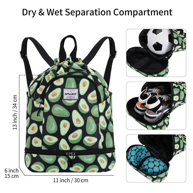 HAWEE Dry Wet Drawstring Backpack with Shoe Compartment for Women  Waterproof Yoga String Bag Outdoor Sports Rucksack for Gym/ Beach/ Swim  Pool, Avocado 