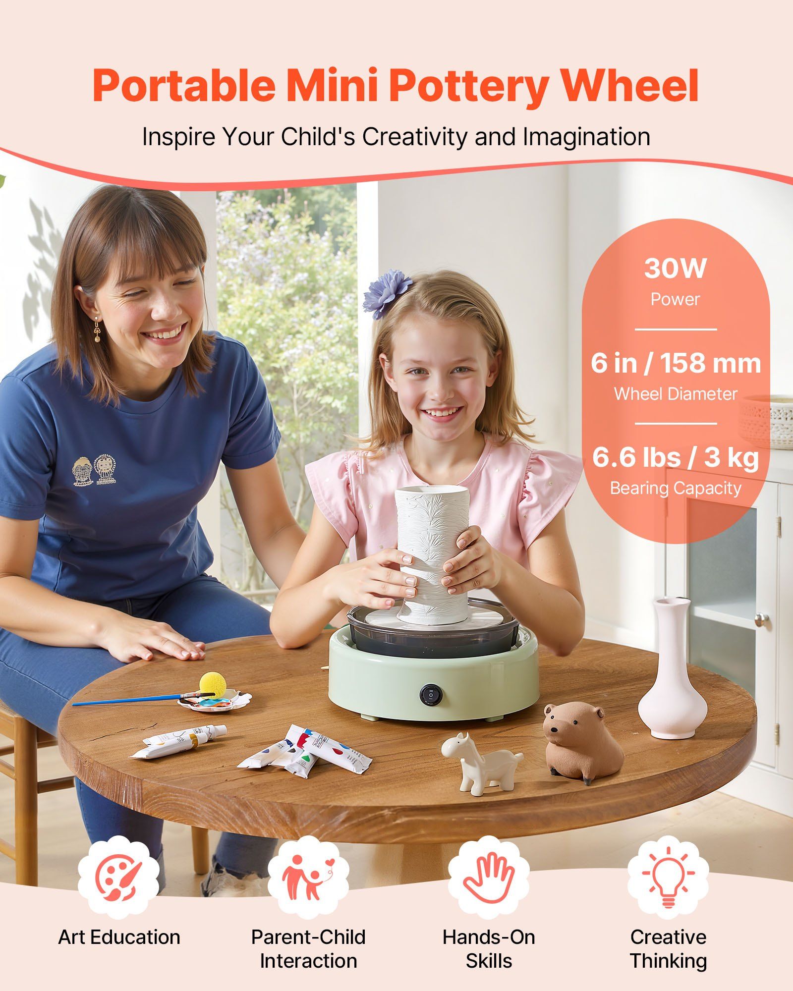 Children's Electric Pottery Wheel: Compact 6-Inch Spinning Turntable for Modeling Clay, Green