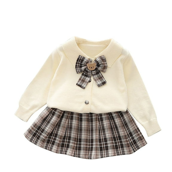 Odeerbi 0-11 Years Kids Girls Winter Outfits Long Sleeve Cardigan Sweater with Plaid Pleated Skirt Two-piece Set Fashion Knitted Skirt Set Kids Girls Clothes