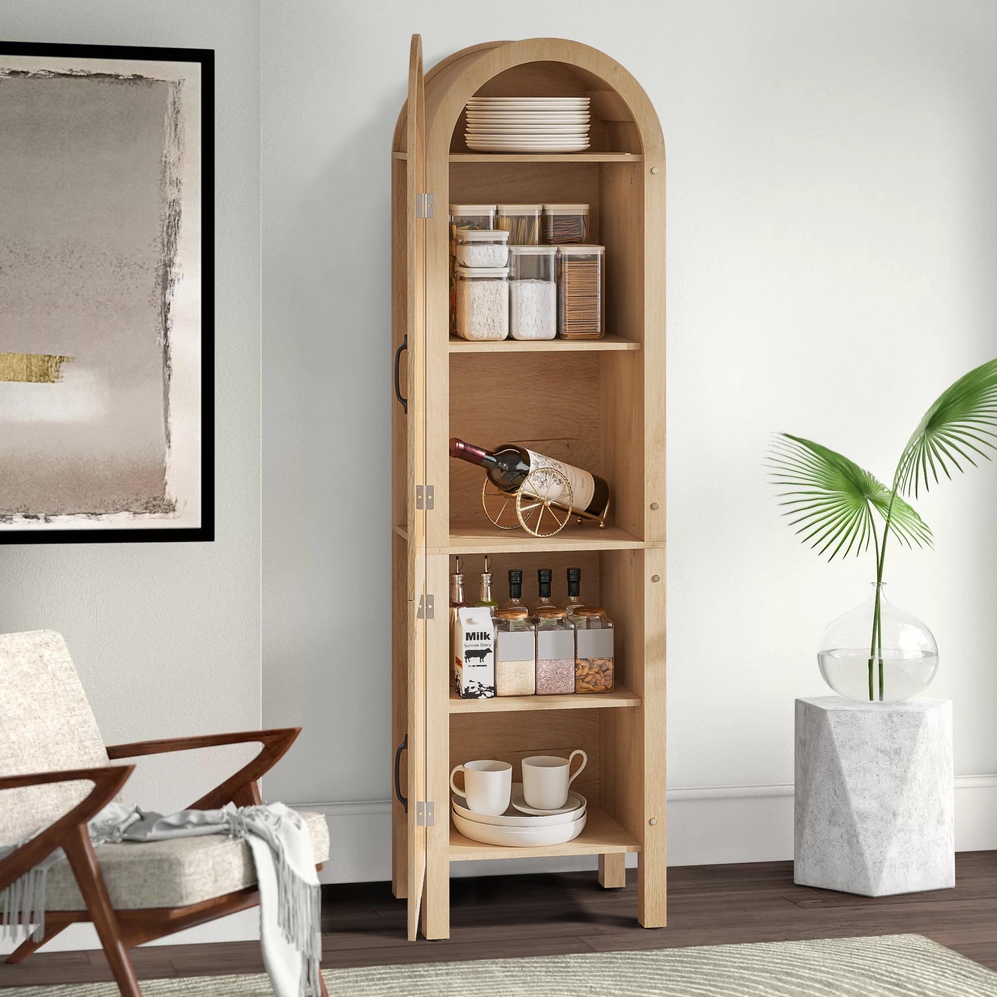 Arched Kitchen Pantry Storage Cabinet, Tall Storage Display Cabinet, 5 Tier Bookcase for Living Room (Wood)