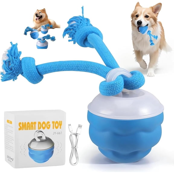 Interactive Smart Pet Puppy Ball with Ropes, Automatic Motion Activated Rolling Ball for Medium Large Dogs, USB Rechargeable Boredom Stimulating Toy