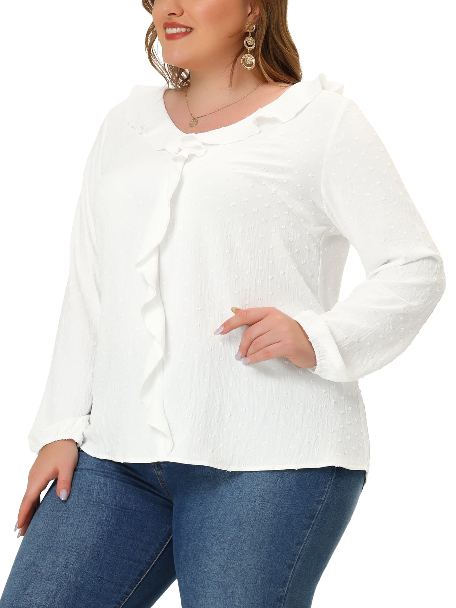 Unique Bargains Women's Plus Size Elegant Long Sleeve Ruffle Trim V Neck Blouses Tops 1X White