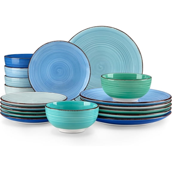 Bonita Dinnerware Set Blue Stoneware 18 count Service for 6, Handpainted Spirals  Stoneware Plates and Bowls Set