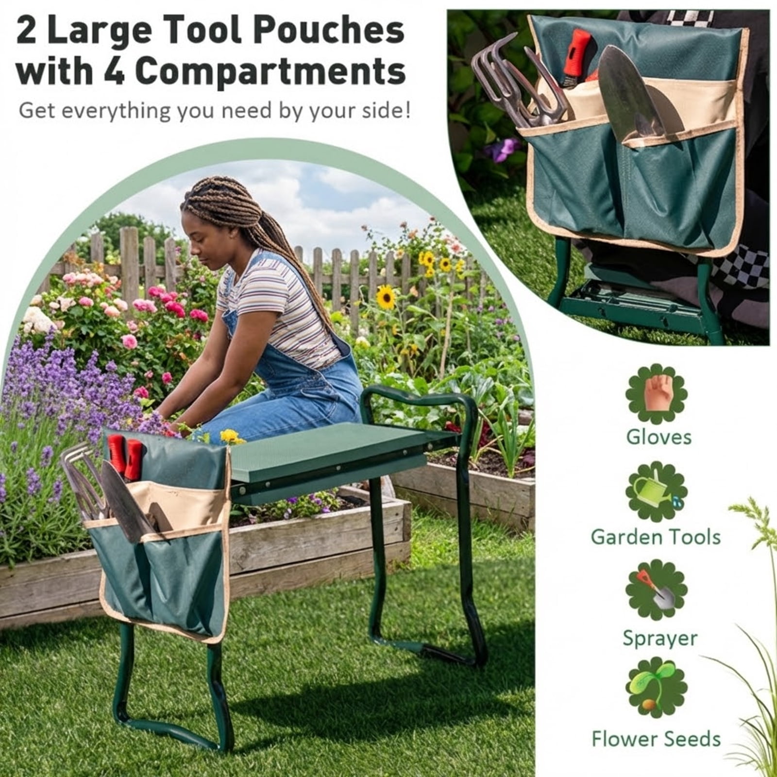 Biotree Folding Garden Kneeler Seat with Cushion Pad and Tool Pouch 300 lbs Capacity Sturdy Steel Frame Green - Compact Outdoor Gardening Bench for Adults