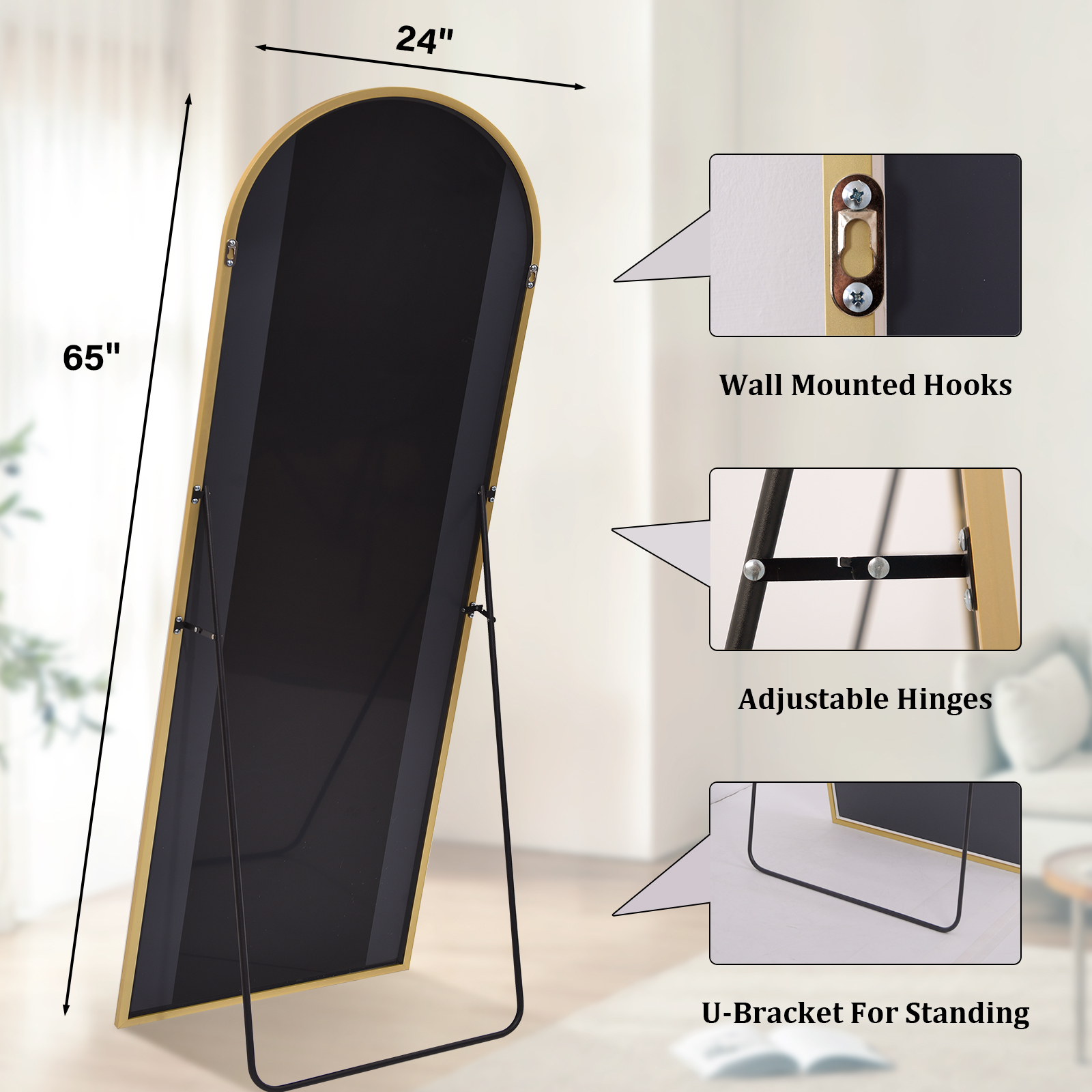 Gleamira 65.1"x24" Arched Full Length Mirror Aluminum Alloy Frame Floor Mirror, Gold