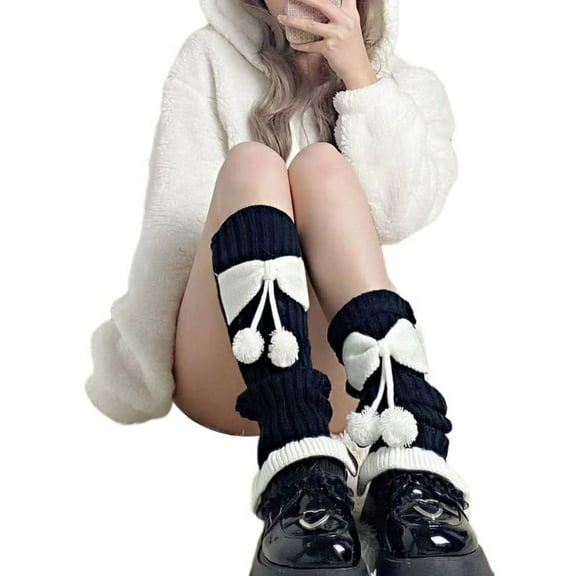 Milue Women Ribbed Knit Cute Pompom Bowknot Leg Warmer Ruffle Flared Hem Long Socks