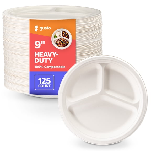 GUSTO 9 Inch 100% Compostable 3-Compartment White Paper Plates, Eco-Friendly Heavy Duty Disposable Dinnerware, 125 Count