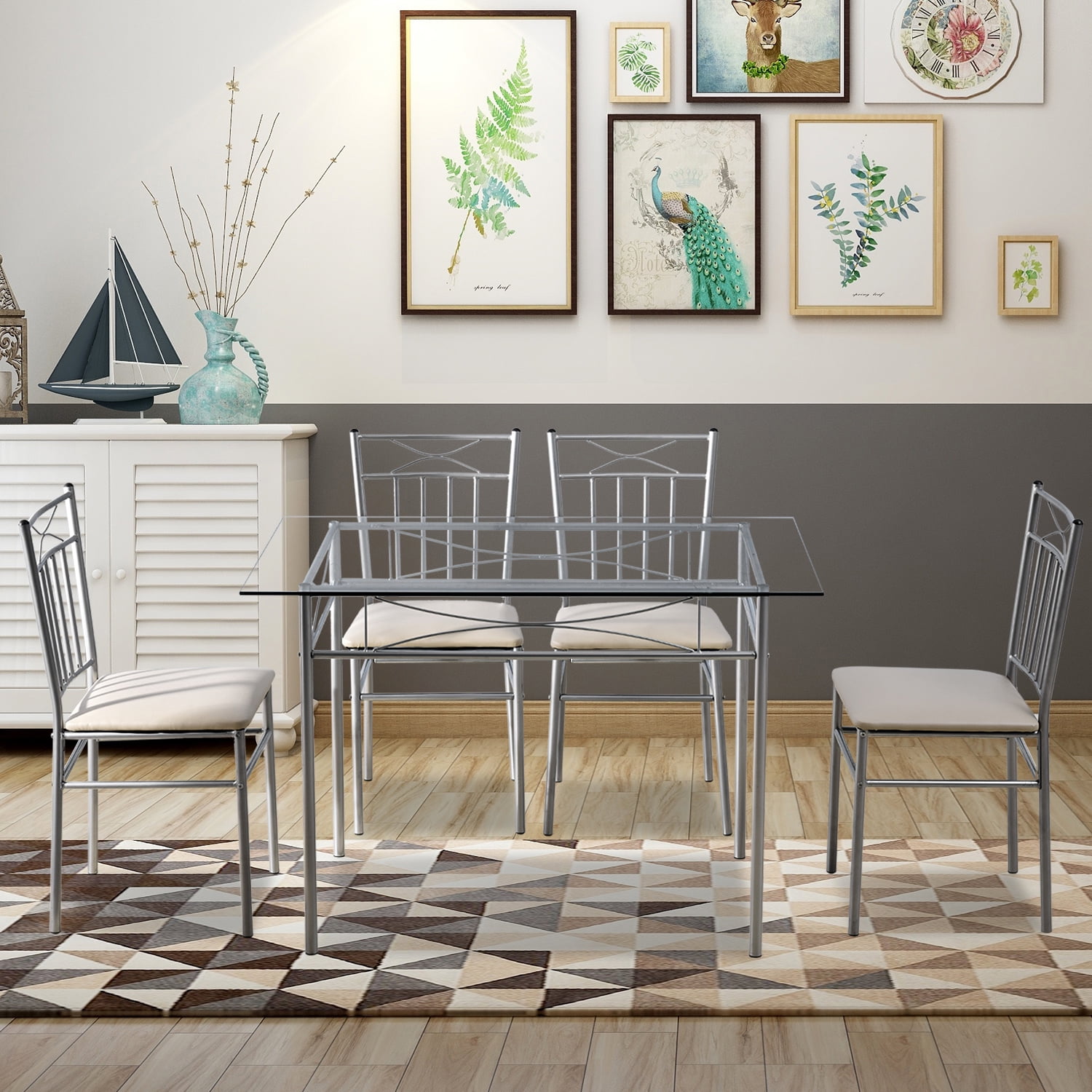 5 Piece Dining Set Glass Top Table and 4 PU Chairs Kitchen Breakfast Furniture
