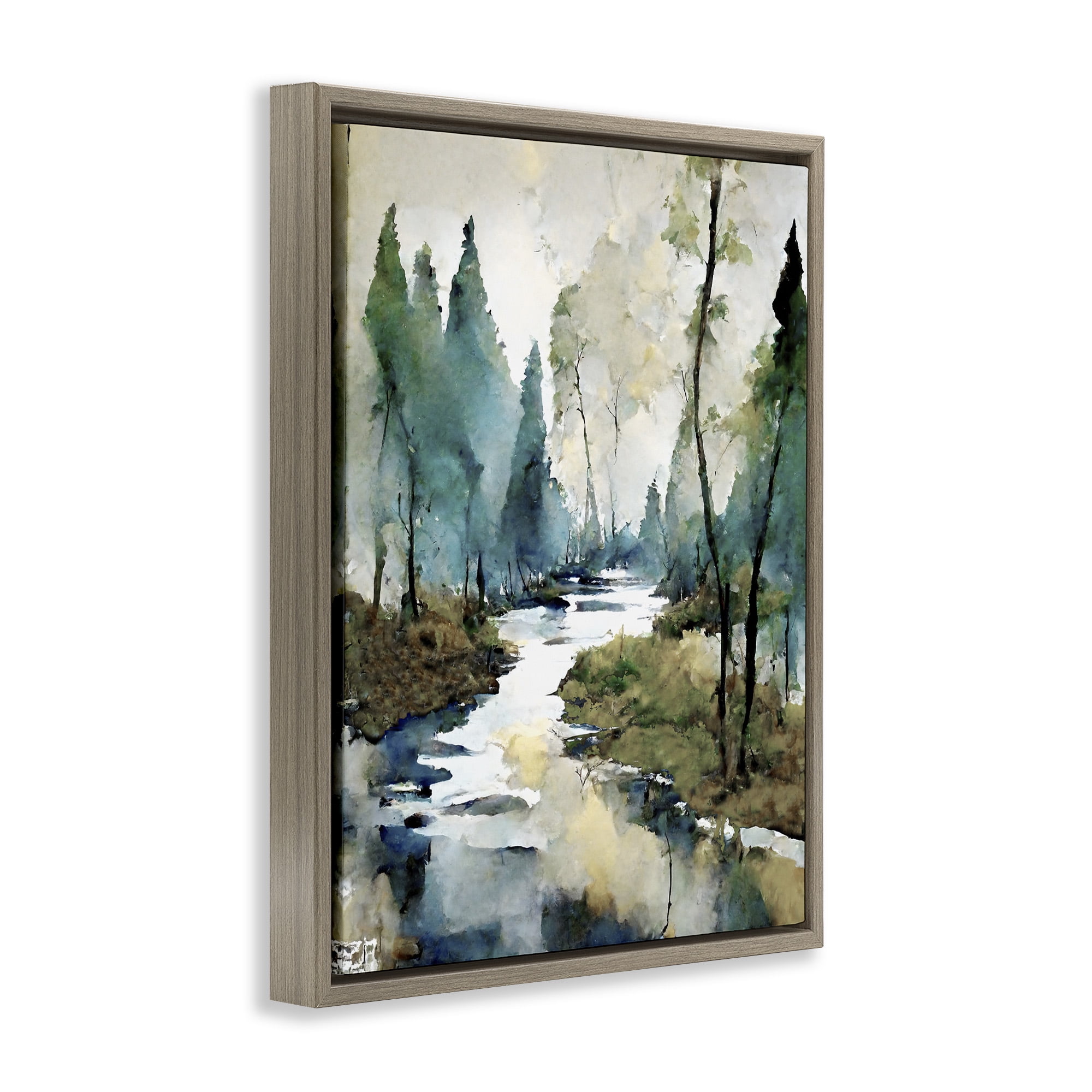 Stupell Industries Watercolor Creek Landscape Landscape Painting Brown Floater Framed Canvas Art Print Wall Art, 17 x 21