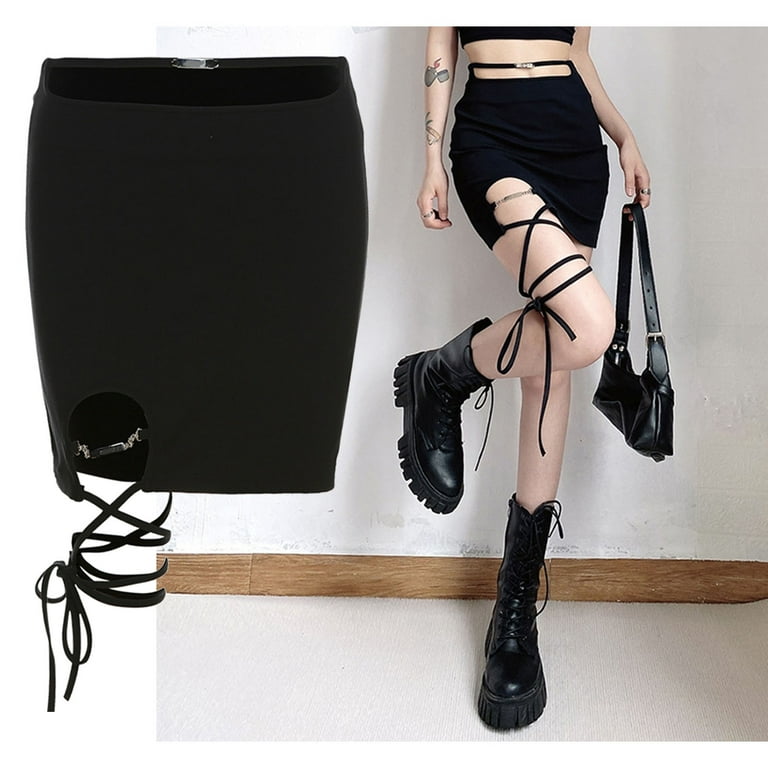 Woman High Waist Wrap Mini Skirt Cut Out Chain Linked Cross Lace