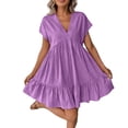 thumbnail image 3 of Lcziwo Womens Cotton Mini Dress Ruffled Flowy Elegant Solid Sundress Short Sleeve V Neck Casual Summer Dresses 2026 Purple,XXL, 3 of 9