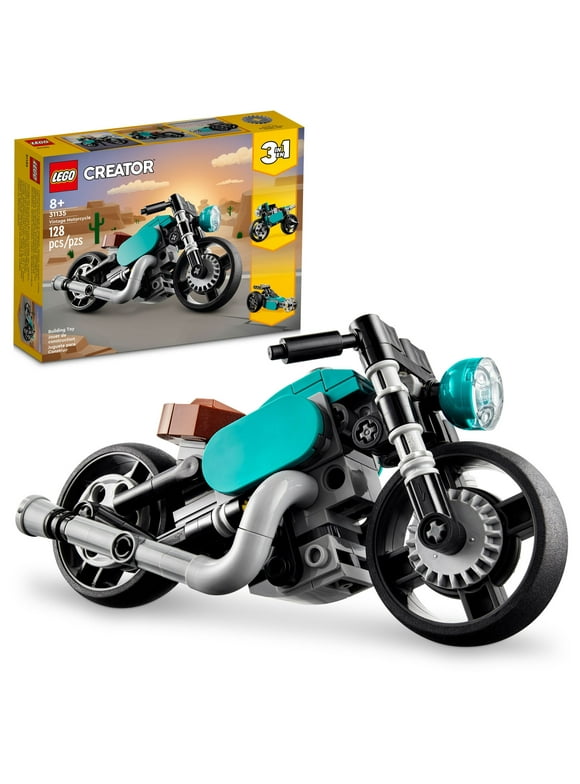 LEGO Creator 3 in 1 Vintage Motorcycle Set, Transforms from Classic Motorcycle Toy to Street Bike to Dragster Car, Building Toys, Great Gift for Boys, Girls, and Kids 8 Years Old and Up, 31135