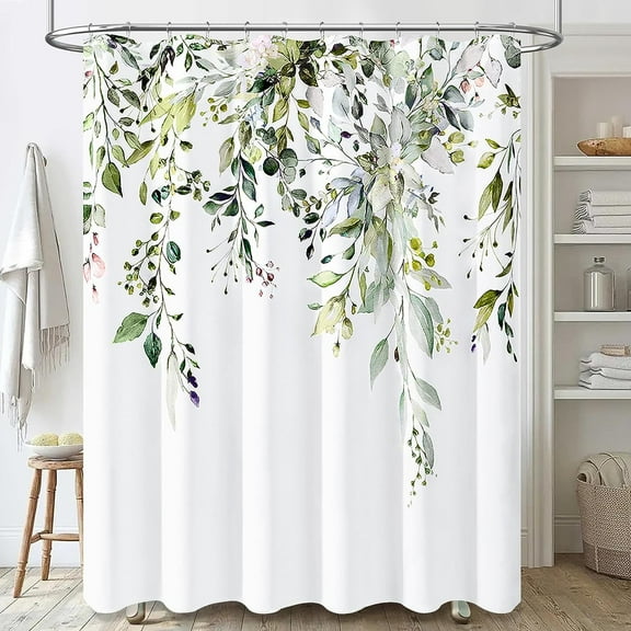 Eucalyptus Plant Shower Curtain, Floral Fabric Shower Curtain Set with 12 Plastic Hooks, Water Resistant, Watercolor Leaves Botanical Natural Shower Curtains for Bathroom, 72x72, Sage Green