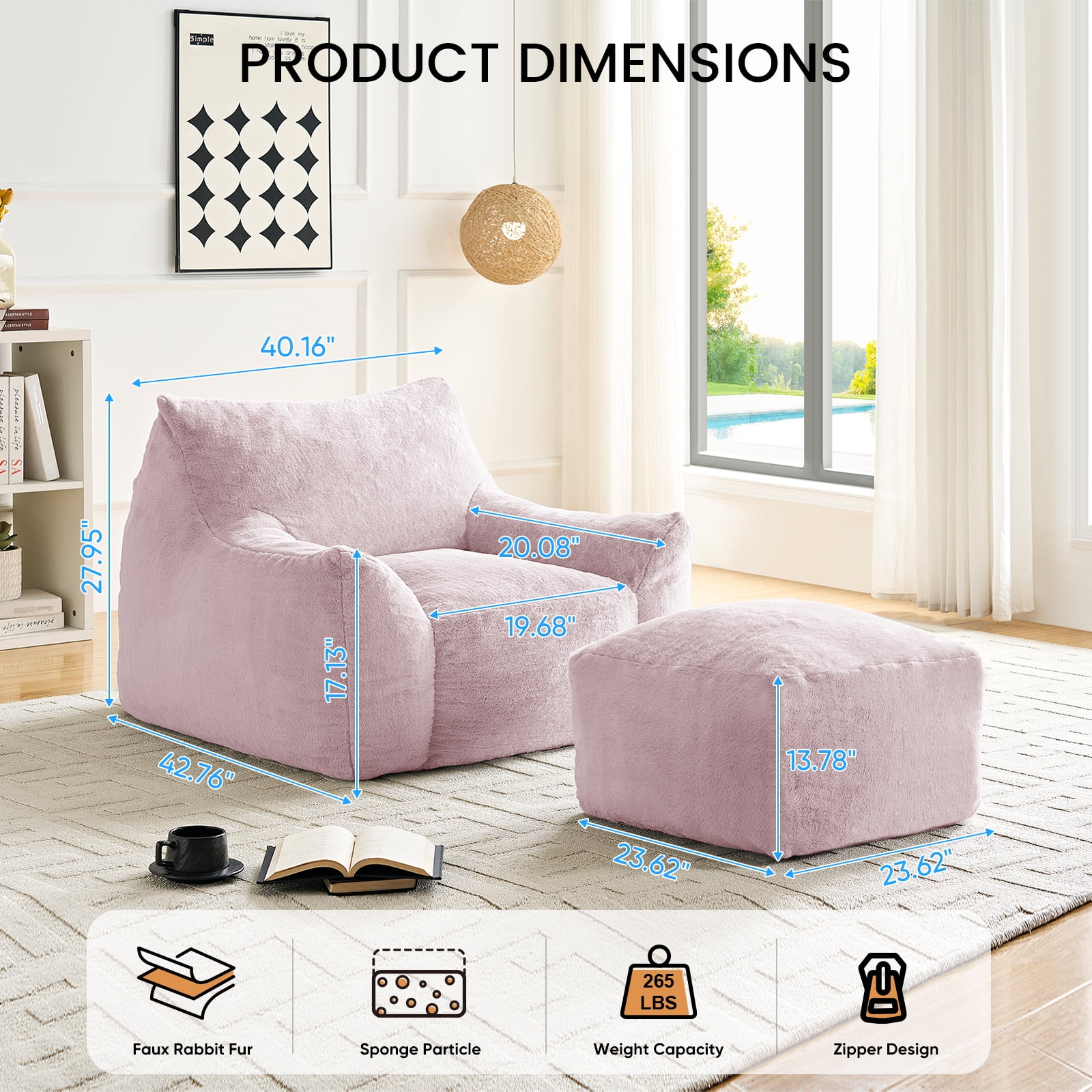 ZAFLY Oversized Bean Bag Chair for Adults, Faux Fur Large Comfy Chair with Footstool, Big Lazy Floor Sofa for Gaming - Pink