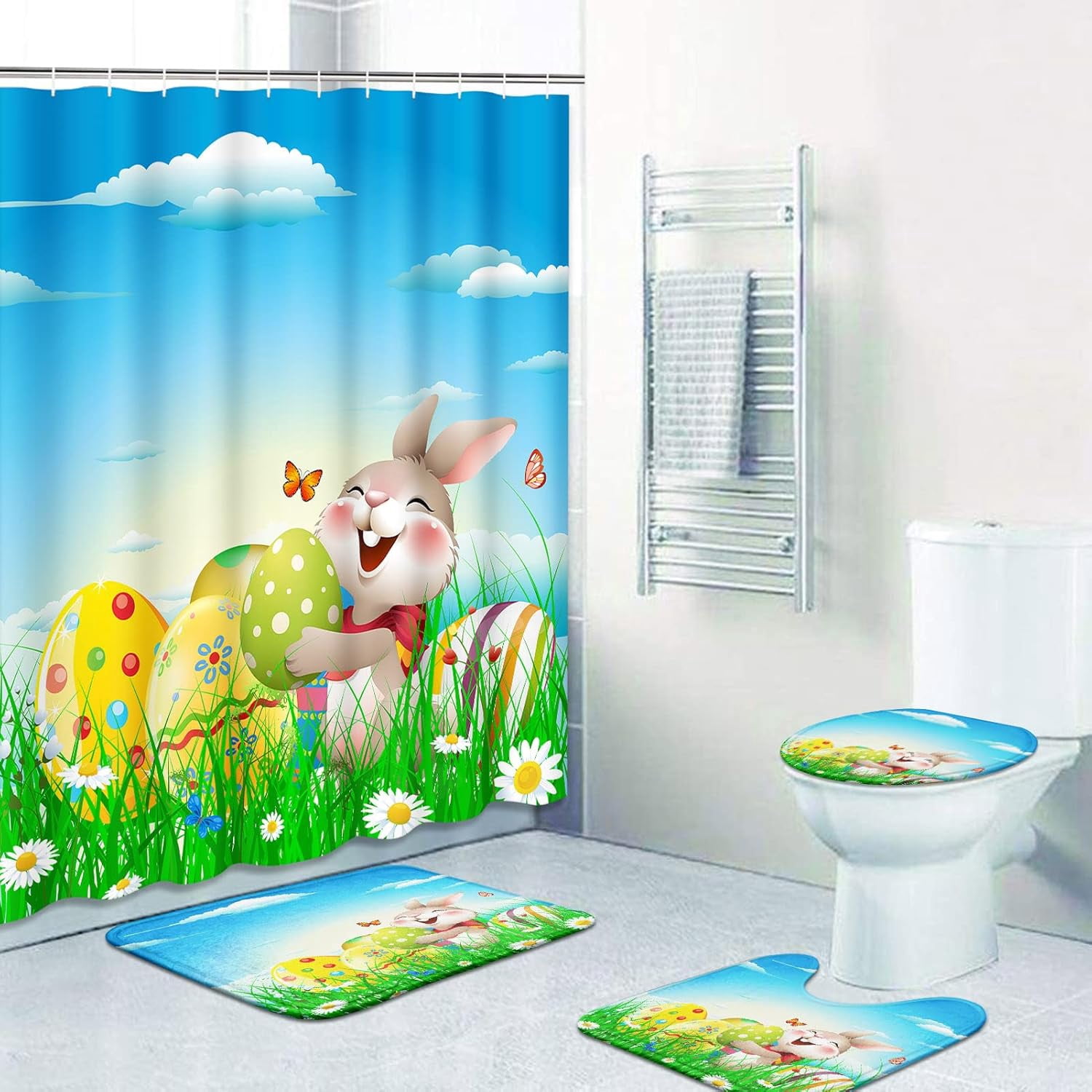 4 Pcs Shower Curtain Set Happy Easter Rabbit Bunny Pet Chocolate Cute with Non-Slip Rugs Toilet Lid Cover and Bath Mat Bathroom Decor Set 72 x 72 inch