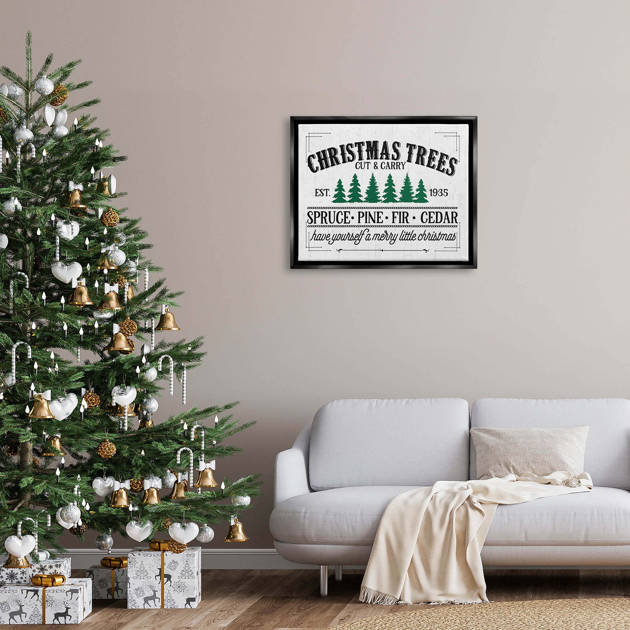 Stupell Industries Christmas Trees Vintage Sign Graphic Art Jet Black Floating Framed Canvas Print Wall Art, Design by Lettered and Lined