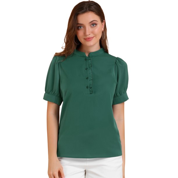 Blusa de trabajo Allegra K con cuello redondo y mangas cortas volantes Verde XL