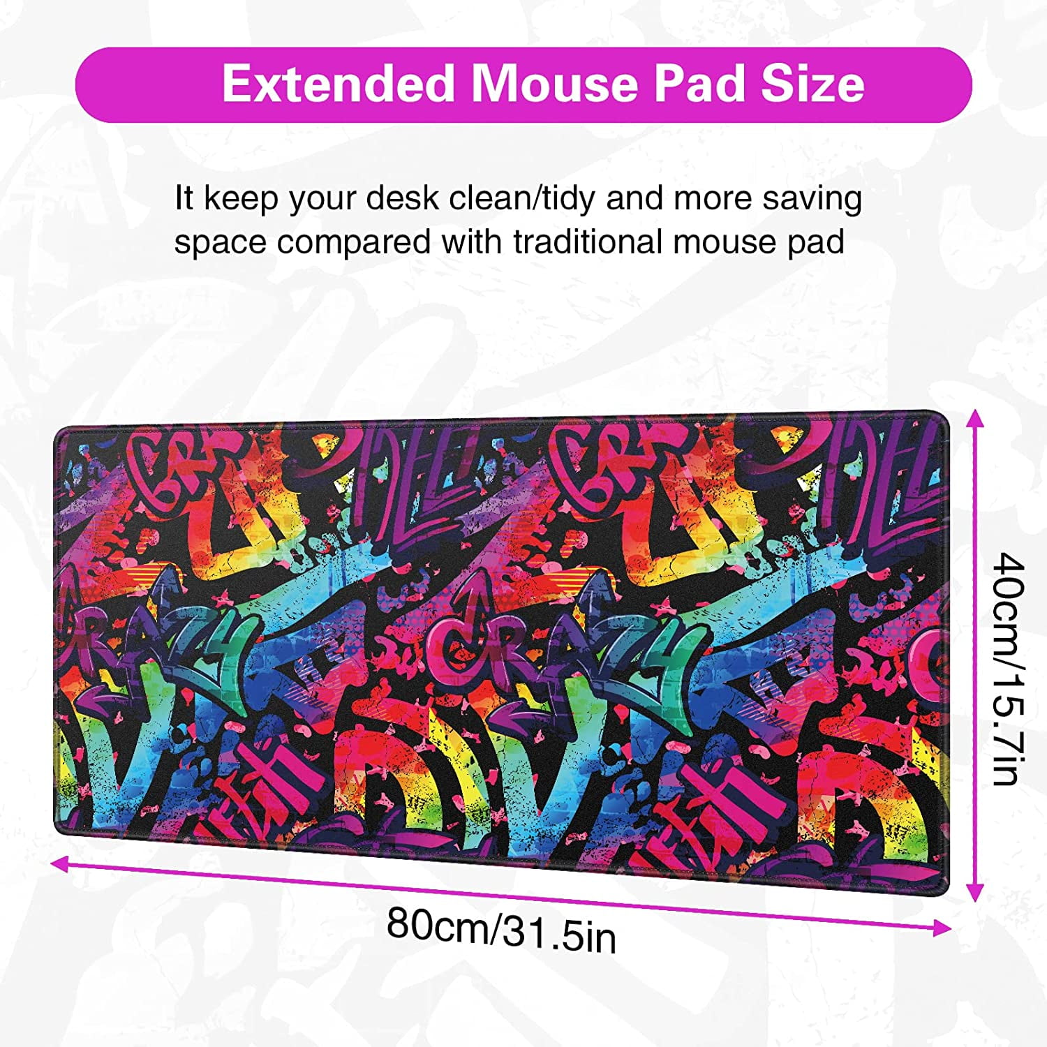 Gaming Mouse Pad, Extended Mouse Pad 31.5x15.7inch XXL Large Big Computer Keyboard Mouse Mat Desk Pad with Non-Slip Base and Stitched Edge for Home Office Gaming Work (Colorful Graffiti)