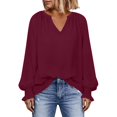 thumbnail image 4 of Hurxie Blouses for Women Dressy Casual Flowy Boho Tops V Neck Long Sleeve Shirts Spring Outfits Wine,2XL, 4 of 6