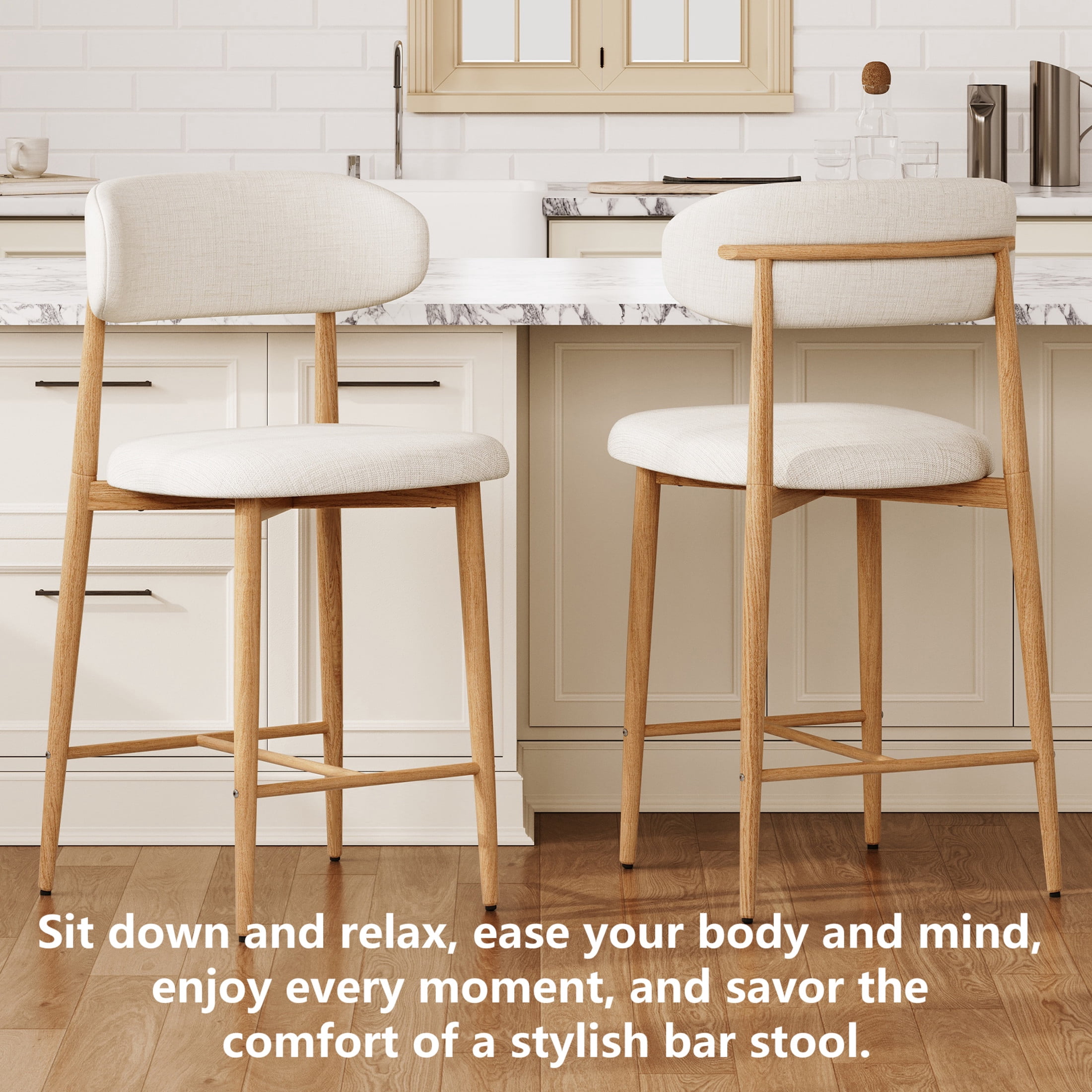 Noble House Counter Bar Stools, Upholstered Stools with Metal Legs, Ergonomic Kitchen Island Chairs, Beige, Set of 2