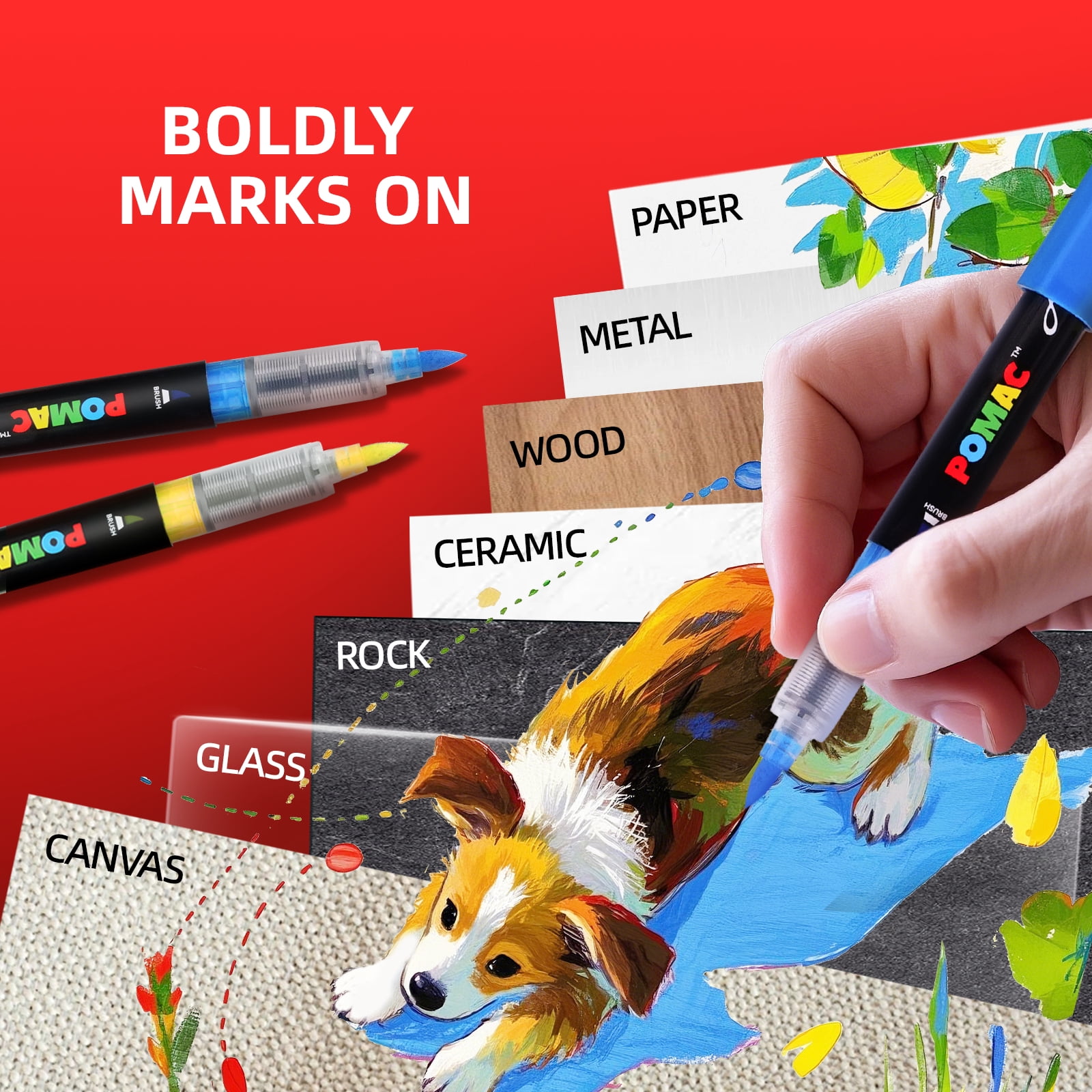 POMAC 60 Colors Acrylic Paint Markers, Water-Based Acrylic Pens Brush Tip, Art Drawing Liquid Paint Pens for Fabric, Canvas, Rock, Glass, Wood, Paper, DIY Crafts and Art Supplies