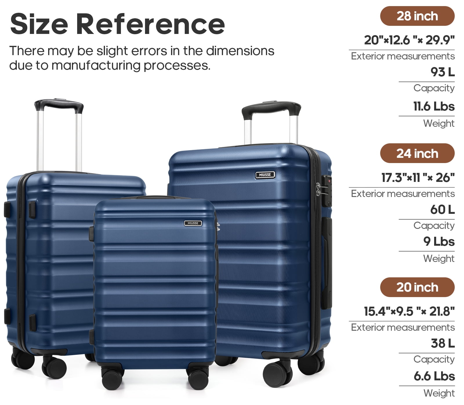 MIUSSE Hard Shell Luggage Sets, 3 Piece Luggage Set, 20/24/28 IN Carry On Luggage with TSA Lock Spinner Wheels, Hard Shell Suitcases Women Men