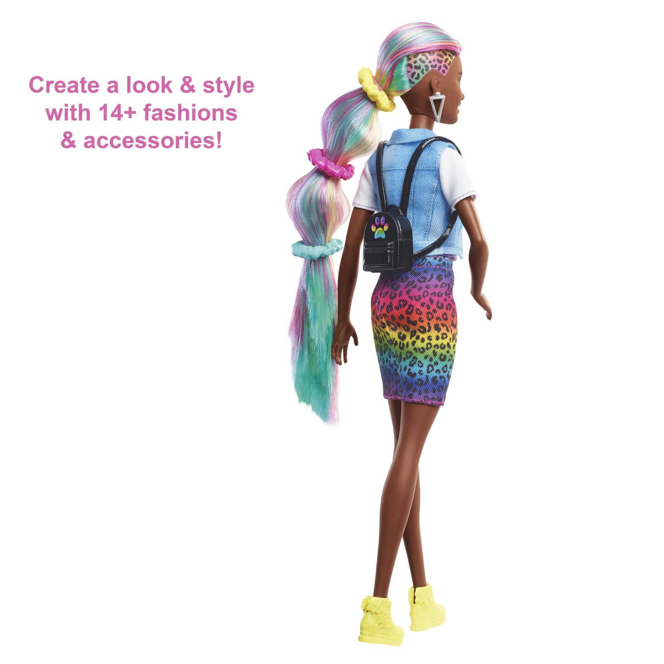 Barbie Leopard Rainbow Hair Doll with Color-Change Highlights & Styling Accessories