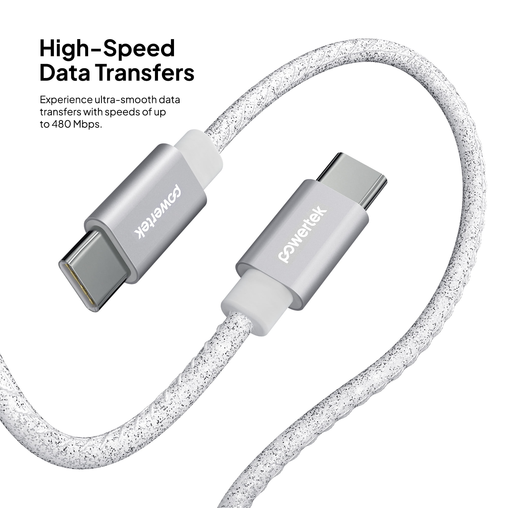 Powertek USB-C to USB-C Cable, Fast Charging Type-C Charger Cord, Durable Tangle-Resistant Sync Cable, White Glitter, 6FT