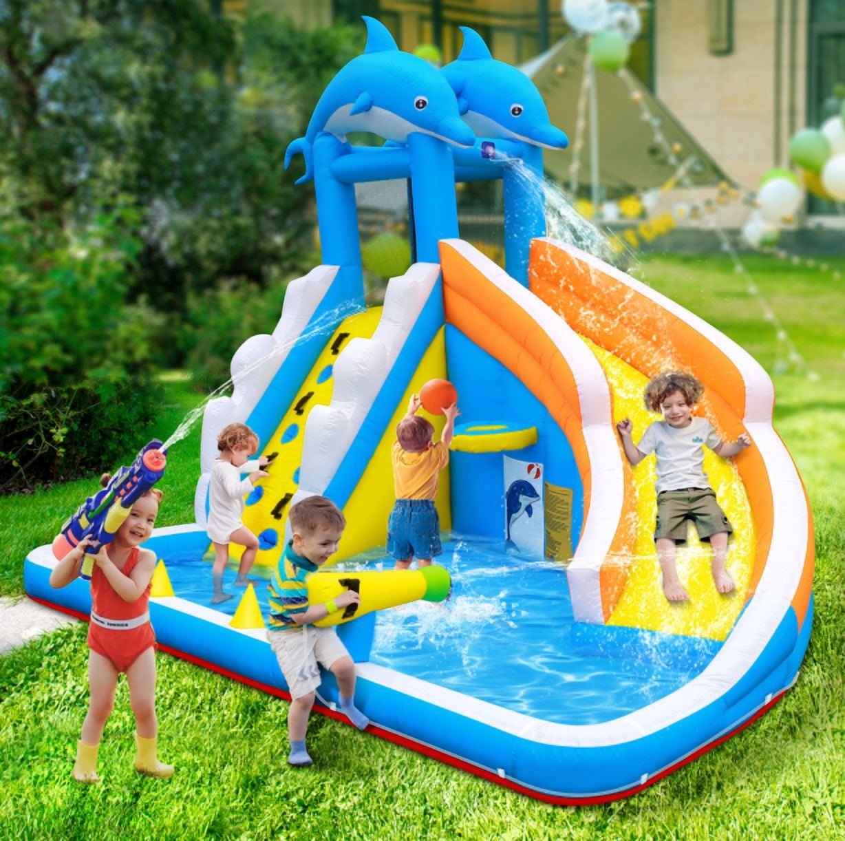 Inflatable Water Slide,5 in 1 Dolphin Inflatable Bounce House for Kids- Climbing Wall Splash Pool Water Cannon Basketball Rim - 480W Blower - for Indoor Outdoor Backyard Birthday Party
