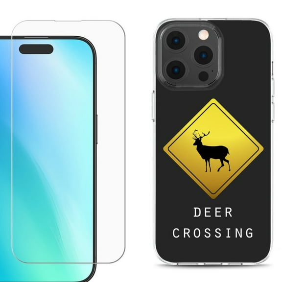 For iPhone 16 Pro Max Phone Case Cover, Shockproof Case with Tempered Glass Screen Protector, by OneToughShield - Road Sign Deer