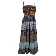 Mogul Beach Summer Dress Speghatti Strap Patchwork Printed Smocked Bodice Maxi Dresses