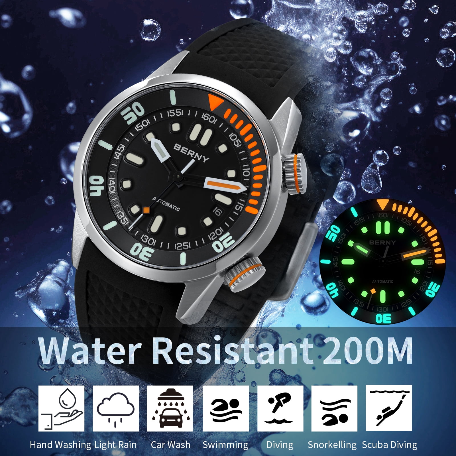 BERNY Automatic Dive Watches for Men, Sport 20ATM Waterproof Analog Mechanical Watch with Date, Super Luminous, Silicone Strap, Stainless Steel, Sapphire Crystal, Men's Pro Diver Watch (Black)