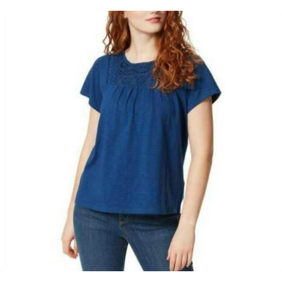 Ella Moss Women's Short Sleeve Embroider Soft Eyelet Shirt, Estate Blue XXL