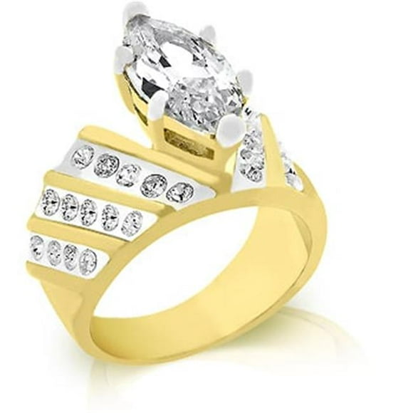 Kate Bissett R05843T-C01-09 Marquis Cut Centerpiece in Prong Setting with Channel Set Round CZ in tutone 18k Gold and Rhodium - Size 9