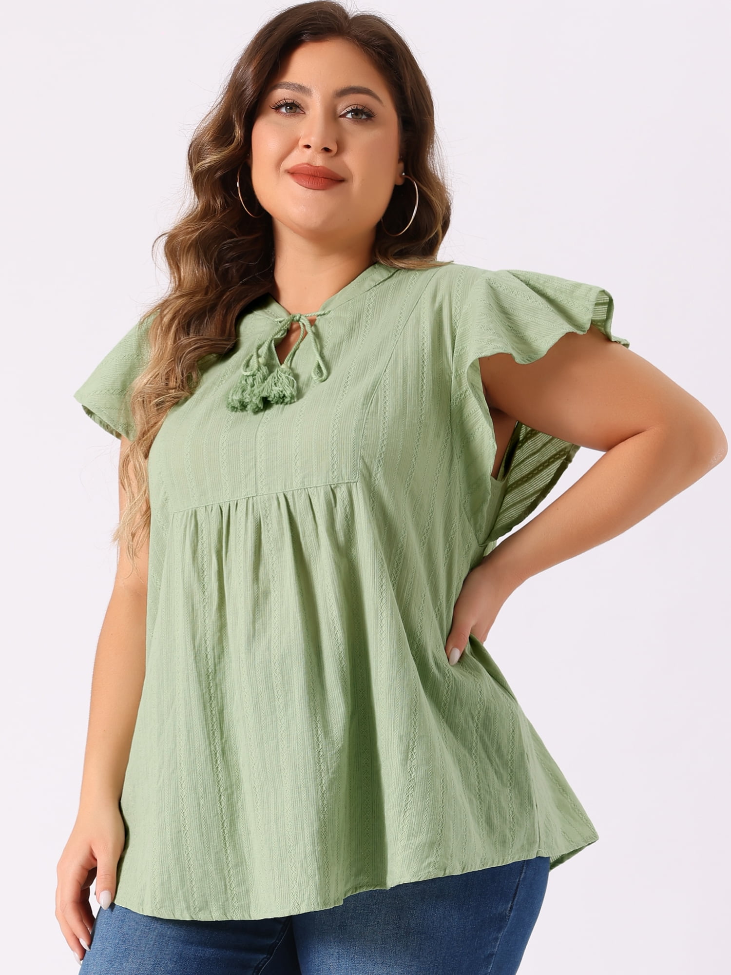 DARING DIVA Women's Plus Drawstring Split V Neck Flutter Sleeve Tunic Top 1X Green