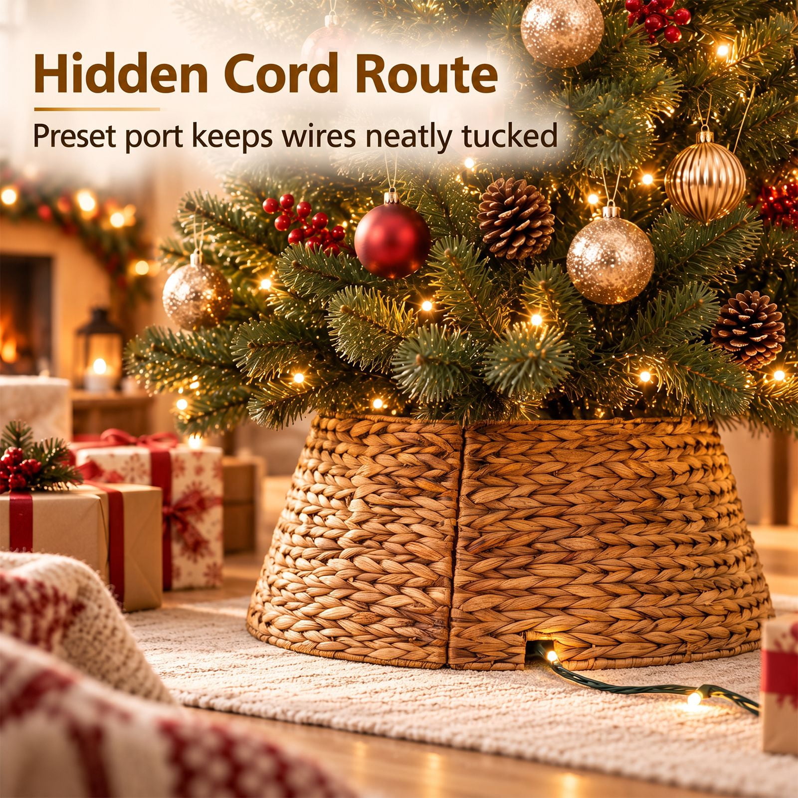 Alvantor Christmas Tree Collar, Woven Rattan Stand Cover with Cord Port, Brown 24IN