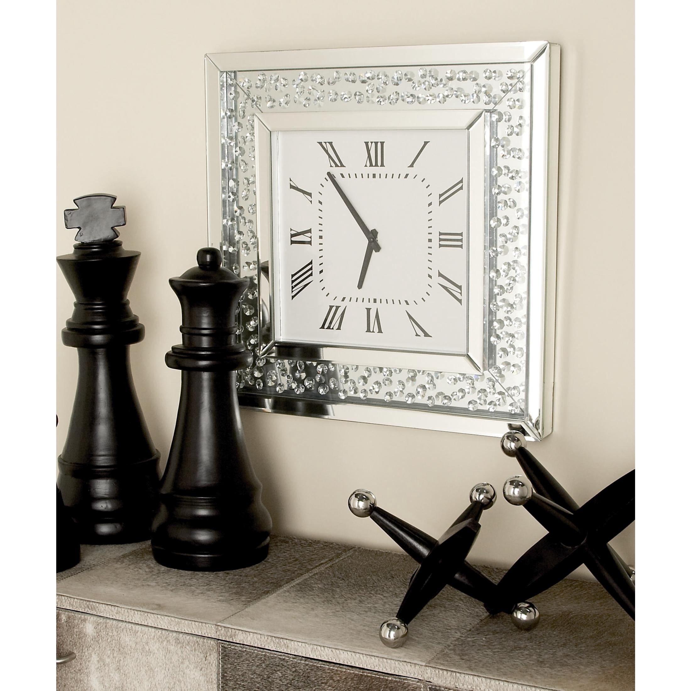DecMode 2" Silver Wooden Mirrored Wall Clock with Floating Crystals
