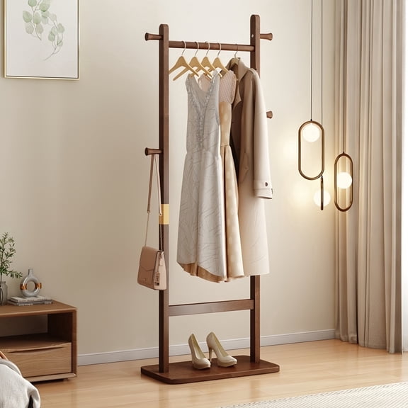 Atumcto Narrow Entryway Hall Tree with Shoe Rack and 5 Hooks, Solid Wood Coat Rack Stand, Modern Freestanding Storage Organizer