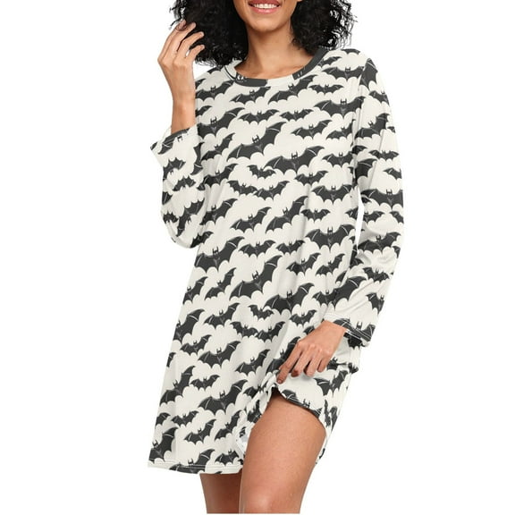 joogoo Bats Halloween Women's Long Sleeve Nightgown Sleepwear L