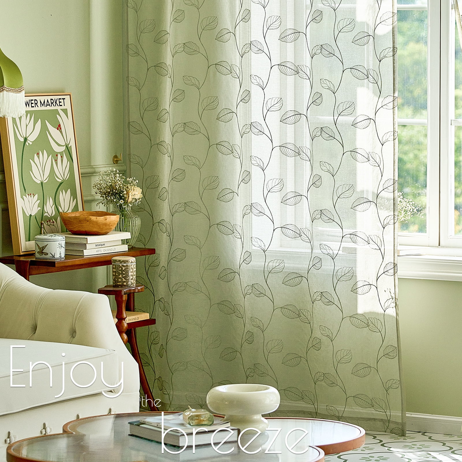 Curtainking Sheer Curtains for Living Room Embroidered Leaf Window Curtains 84 inch Length light Filtering Drapes Bedroom Rod Pocket 2 Panels Sage