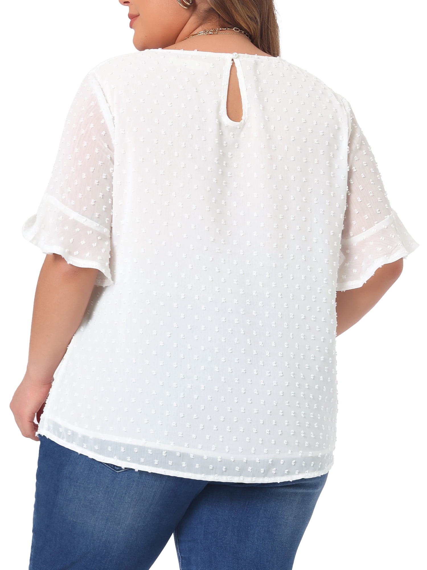 DARING DIVA Women's Plus Round Neck Ruffle Sleeve Swiss Dots Top 2X White